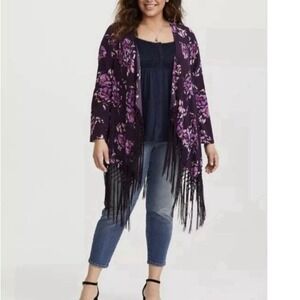 Torrid Purple Floral Fringe‎ Kimono Size 2X